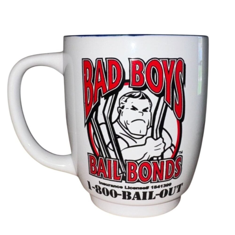 Bad Boys Bail Bonds White Coffee Mug With Red & Black Graphics 5" Tall